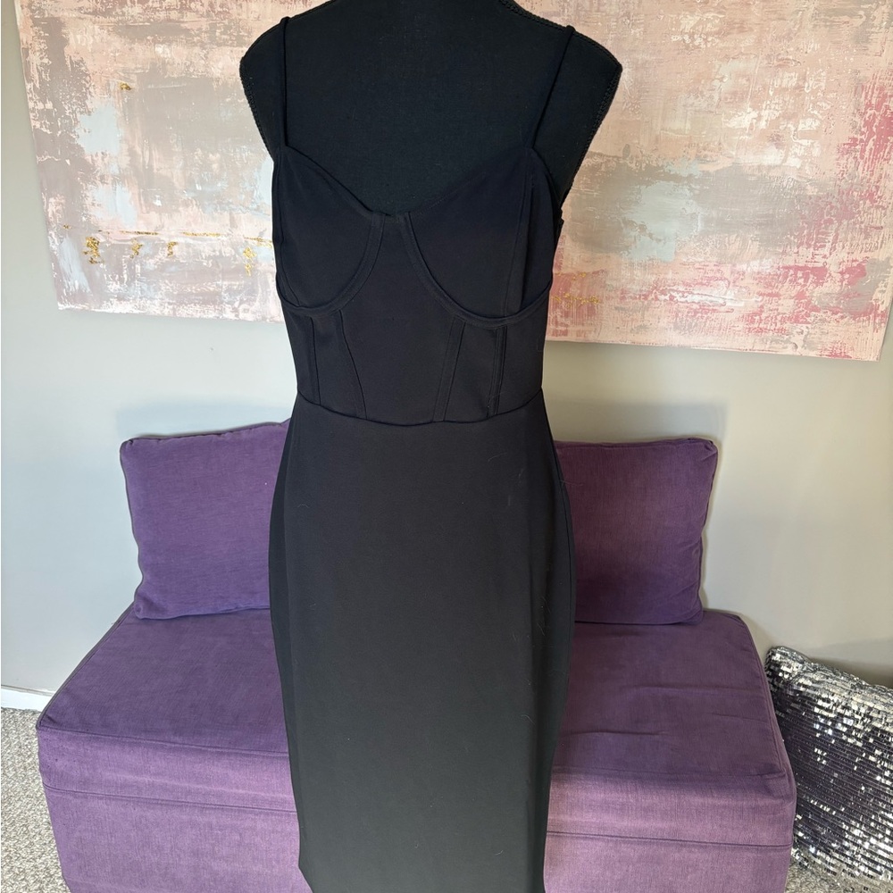 H&M Black Spaghetti Strap Corset Style Bodycon Sheath Midi Dress Soze L